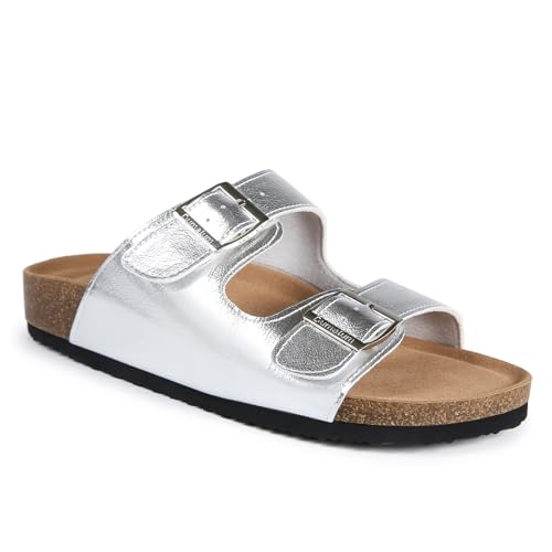 Dumalum Womens Flat Sandals with Cork Footbed Open Toe Slides Adjustable Slip On Slippers for Summer Beach Sandals Arch Support Size 6-12