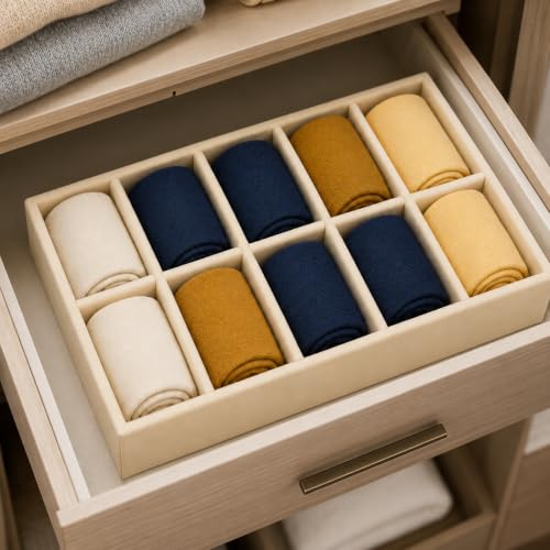Image of 10 Slot Drawer Organizer Tray for Socks and Ties, Cream | Foldable closet storage tray with dividers for ties, belts, underwear, scarves and small wardrobe accessories arranged neatly