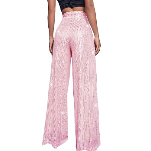 Womens Wide Leg Pants Elastic High Waist Sequin Sparkly Dance Pants Baggy Summer Fashion Baggy Palazzo Stretch Trousers Pink3
