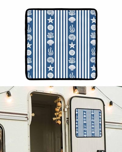 Image of Beach Ocean Nautical RV Window Shade, Foldable Camper Trailer Blackout Window Cover, Navy Stripes RV Door Window Shade UV Rays Protection RV Accessories for Inside Outside, Oxford Fabric(16" X 16")