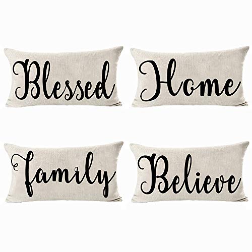 Andreannie Set of 4 Blessed Home Family Believe Cotton Linen Decorative Lumbar Throw Pillow Case Personalized Cushion Cover for Sofa Living Room Rectangle12 X 20 Inches ?- (Set of 4)