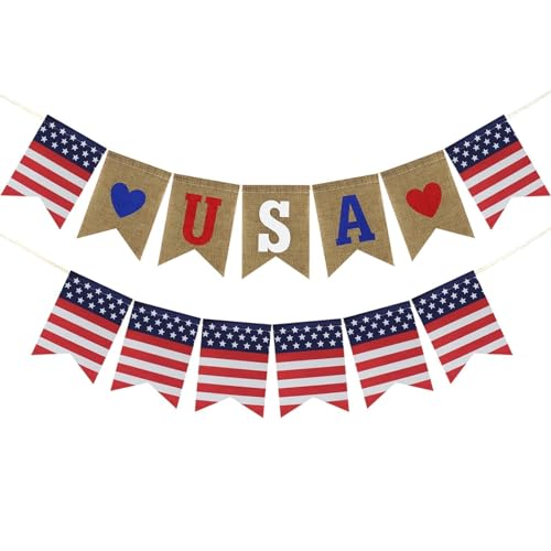 Image of 2 Pcs USA Independence Day Banner Celebration American Flag 4th of July Decorative Fireplace Red White Blue Theme Party Decoration Supplies Memorial Day