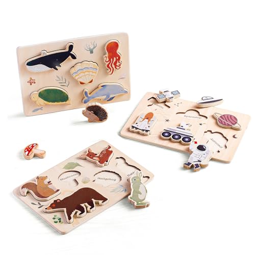 IEATFO 3 Packs Space Ocean Forest Wooden Chunky Puzzles for Toddlers, Wood Puzzle for Kids, Insert Puzzles Each Piece Fits Perfectly, Sturdy and...
