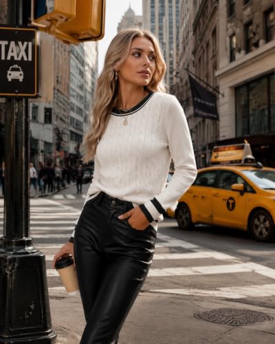 Image of Rapbin Women's Contrast Trim Knit Sweater Long Sleeve Crew Neck Pullover | Color Block Soft Lightweight Regual fit,Business Casual Work,Fashion Versatile Fall Spring Outfits,Winter Layer Clothing