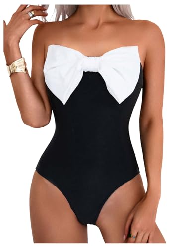 WDIRARA Women's Bowknot Strapless One Piece Swimsuit Colorblock Bandeau Bathing Suit with Removable Strap