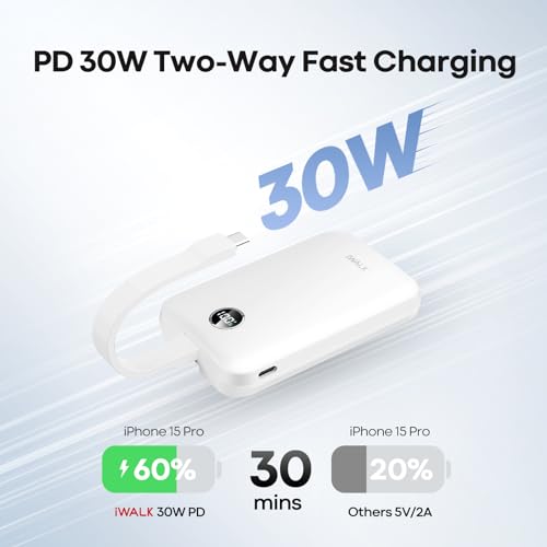 iWALK Magnetic Portable Charger 10000mAh: Qi2 Certified 15W Wireless Power Bank 30W Fast Charging with USB-C Cable, Battery Pack with LED Display for iPhone 16/15/14/13/12 Series, Samsung Galaxy S24