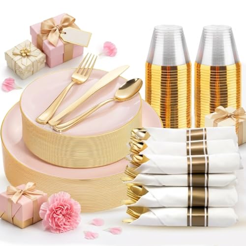 KIRE 175PCS Pink Plates Disposable - Heavy Duty Pink and Gold Plastic Plates Dinnerware Sets - 25 for Dinner 25 for Dessert 25 Pre Rolled Napkins 25Cups for Spring/Wedding/Party/Baby Shower