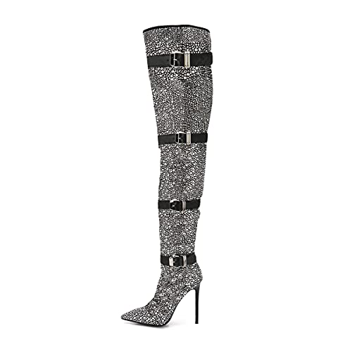 Xyd Women's Rhinestones Full Studded Stiletto High Heel Over The Knee Boots Pointed Toe Buckle Strappy Thigh High Boot Winter Night Club Shoes Size 15 Silver #TOP1