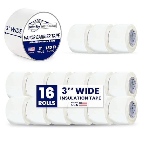 Image of BlueTex Insulationㅤ3 Wide x 180' Long White Vapor Barrier Seam Tape - 16 Rolls Bulk Pack, Great for Crawlspaces, Waterproofing, Insulation Repairs, Underlayment Seams, Metal Building Insulation Seams