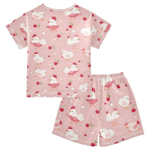 ALAZA Cute Chicken Cherry Pajamas Set Short Sleeve Cotton Sleepwear Summer Pjs 2 Piece 5-14Y2