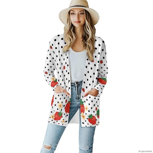 Image of Forchrinse Red Ladybug Cardigan for Women Causal Long Sleeve Open Front Cardigans Sweater Fashion 2024 Fall Coat with Pockets