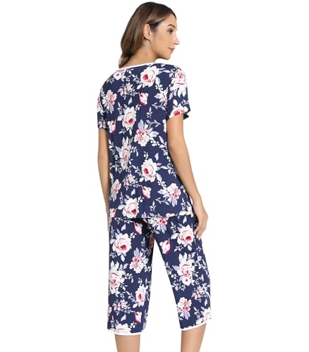 Image of NACHILA Bamboo Viscose Pajamas for Women Lace V Neck Capri Pants Pjs Set