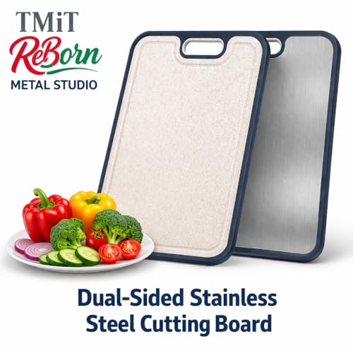 Tabla de Cortar de Acero Inoxidable 16 x 11 Pulgadas, Doble Cara con Base de Paja de Trigo para Verduras y Frutas miniatura 3