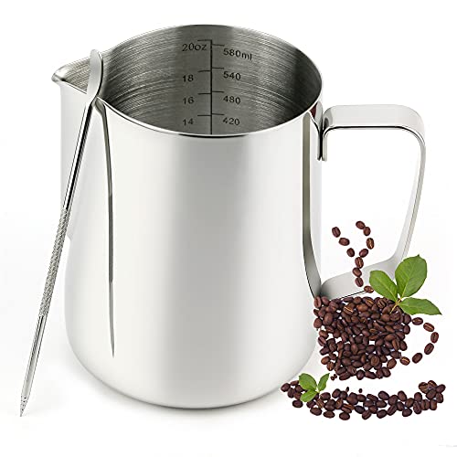Miscedence Espresso Milk Frothing Pitcher 600ML/20 oz Milk Coffee Cappuccino ,milk frother cup Scale Line Art Milk Jug Frother Cups with Latte Art penâ€¦ (20oz)