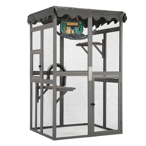 2-in-1 Catio Outdoor Cat Enclosure Cattery Outdoor/Indoor for cats Wooden Cat House Shelter Kitty Cage with 3 Platforms for Patio Indoor Accommodate Up to 2-3 Cats162.05 * 100.08 * 84.58cm