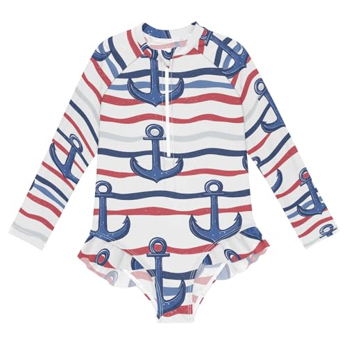 ALAZA Swimsuit for Girls Long Sleeve Rashguard Bathing Suit Marine Stripe Quick Dry 4T