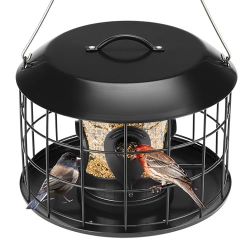 Kingsyard Mesh Caged Bird Feeders for Outdoor Hanging, Tube Squirrel Proof Bird Feeders with Tray for Small Birds Finches Bluebird, Rain Proof Covered, 4 Feeding Ports, Black