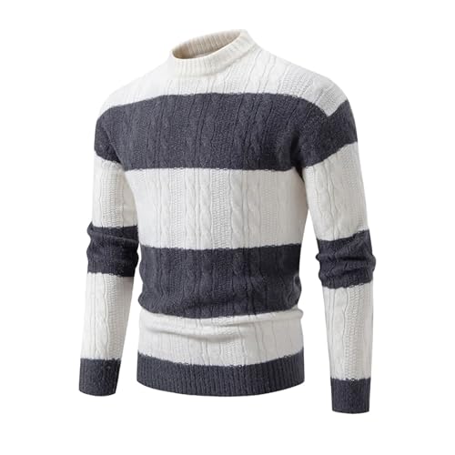 Men Patchwork Mock Neck Knitting Sweater Fashion Striped Casual Knitted Pullovers