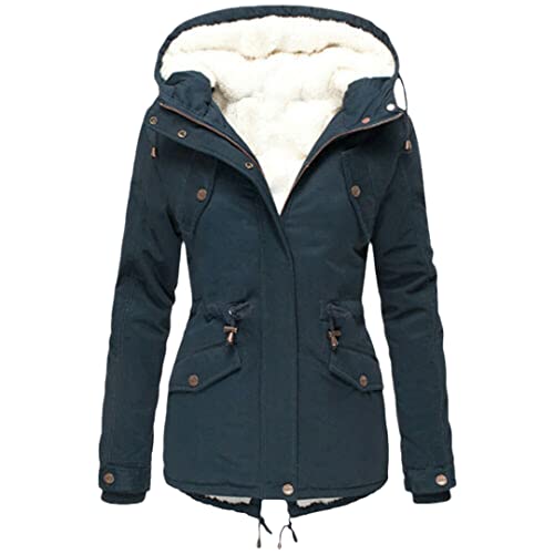 Manteau d'hiver uni chaud à capuche pour femme veste bleu XL en coton
