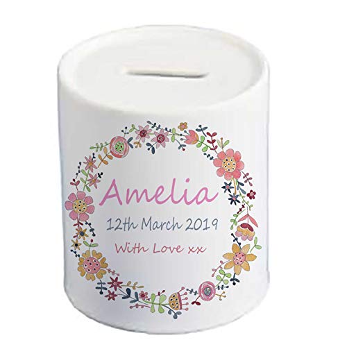 Personalised Baby girl Money Box, Savings Pot, Custom Name Ceramic Gift, Christening, Baptism, 1st Birthday Gift Idea UK