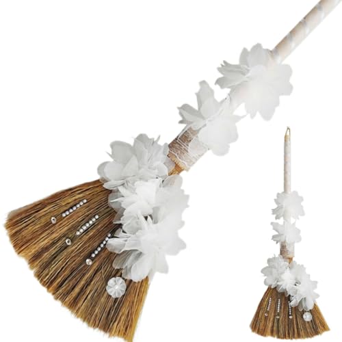 Wedding Broom for Jumping Ceremony African American Decorative Broomstick DIY with White Floral Pearl Dimond