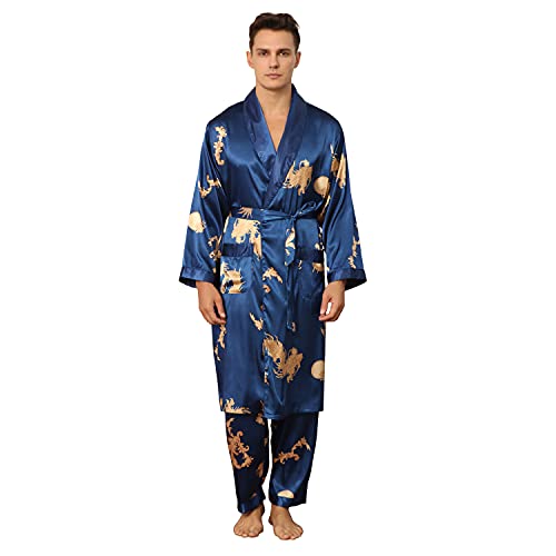 Haseil Men's Satin Robe with Pants Lightweight Printed Luxurious Spa Dragon Silk Bathrobe Kimono Set3