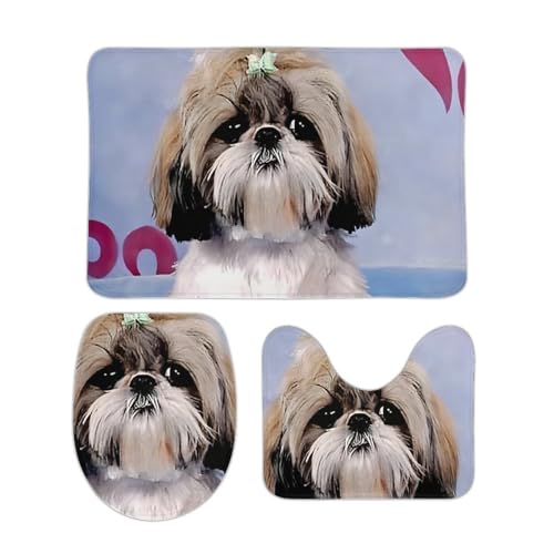 トイレマット 3点セット シー・ズー 犬柄 母と息子 フタカバー 便座カバー 洗える バスマット ふわふわ 滑り止め U型 O型 兼用 ズレない おしゃれ 吸水速乾 50cm x 80cm
