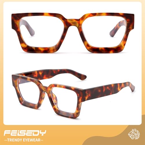 Image of FEISEDY Retro Blue Light Blocking Glasses for Women Men 90s Classic Rectangle Frame Thick Chic Computer Eyeglasses B2383R
