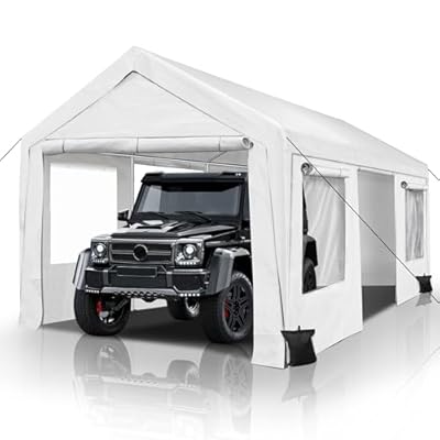 QZEN Carport 10x20ft Portable Garage, Heavy Duty Car Canopy with Roll-up Ventilated Windows & Side Doors, Car Port for SUV, F150, Car, Truck, Boat (10' x 20'White)