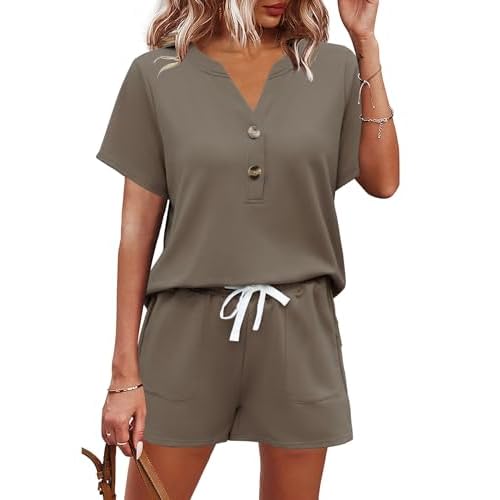 AKEWEI Womens Two Piece Outfits Summer Lounge Sets Tracksuit V Neck Buttons Down Tops and Shorts Set with Pockets Khaki X-Large