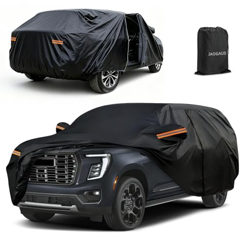 SUV Car Cover for GMC Yukon & Chevy Tahoe 2007-2020, 10 Layers All Weather Outdoor Full Car Covers Heavy Duty with Zipper Door & Windproof Bands for Snow Rain Hail Cover Sun UV Protection (L)