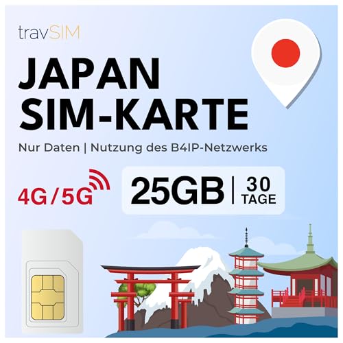 travSIM SIM Karte Japan | 30 Tage - 25GB Daten SIM | 5G/4G Hochgeschwindigkeitsdaten | Japan SIM Karte, für unbegrenzten Internetzugang für Google, Facebook, Whatsapp, Instagram und mehr
