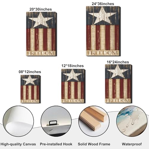 Image of Rustic Patriotic Freedom Flag Canvas Art 12x18in, Vintage American Flag Wall Decor, 4th of July Independence Day Framed Prints, Artwork for Home, Kitchen & Office, Made in USA