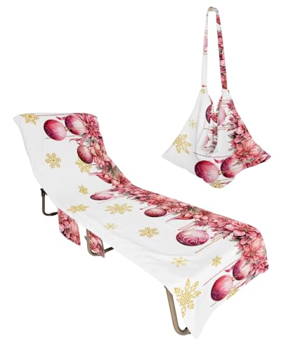 Christmas Flower Beach Chair Towel Covers for Chaise Lounge with Side Pocket, Soft Plush Pool Towels Cover for Patio Sunbathing Outdoor 29''x85'' Red Pink Ball Winter Gold Snowflake