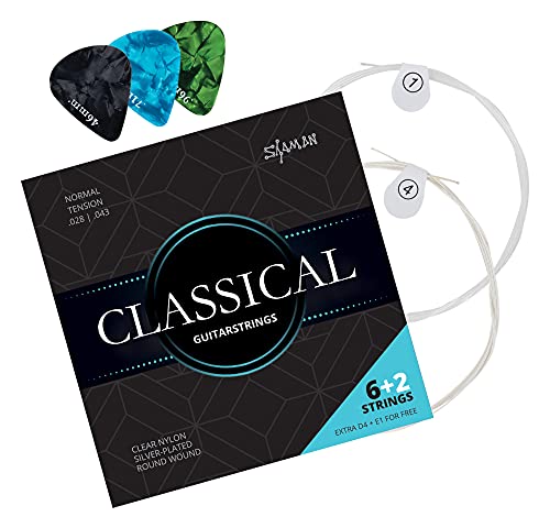 Cuerdas Shaman para Guitarra Clásica   Cuerdas de Nylon Premium para guitarra clásica y acústica   Set de 6+2 cuerdas con 3 púas, cuerda D y cuerda E extra alta