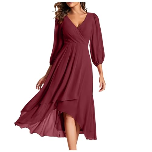 Générique Robe plissée en Mousseline de Soie pour invité de Mariage col V Manches Longues Coupe A mi-Longue élégante Tenue printanière (S)