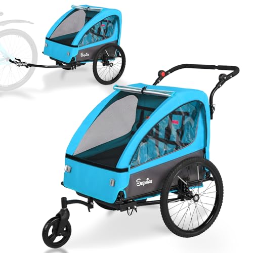 SEPNINE Remolque Infantil 2 en 1 y Cochecito con suspensión, Remolque de Bicicleta para 1 a 2 niños máximo, función de Jogger, Plegable, Amplio Maletero, Azul