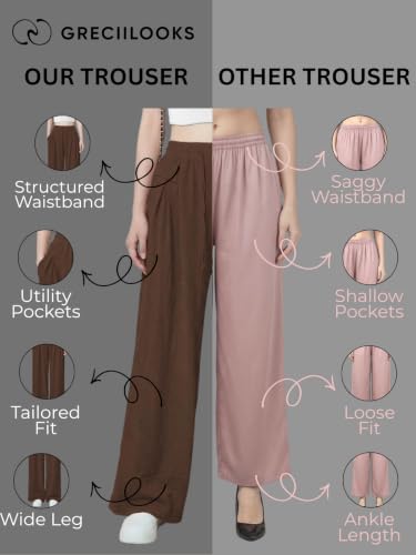Image of GRECIILOOKS High Waist Polycotton Trousers for Women - Flared Parachute Pants with Side Pockets | Casual Travel Cargo Pants (Available in Plus Size and Value Pack)