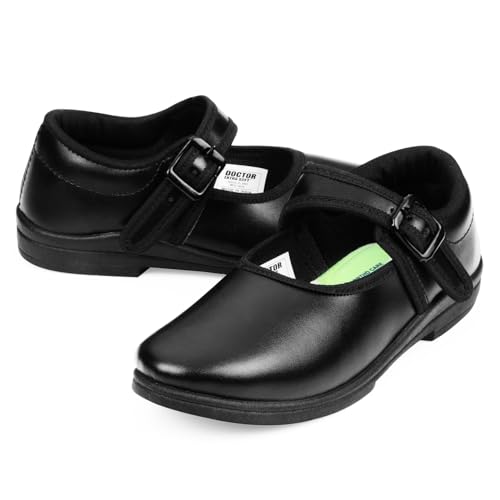 Image of DOCTOR EXTRA SOFT Girls Black & White Ballerina Uniform School Shoes with Adjustable Hook & Loop| Memory Foam Cushion & Anti-Bacterial Technology| Lightweight | Comfortable|Durable & Anti-Skid D-3003