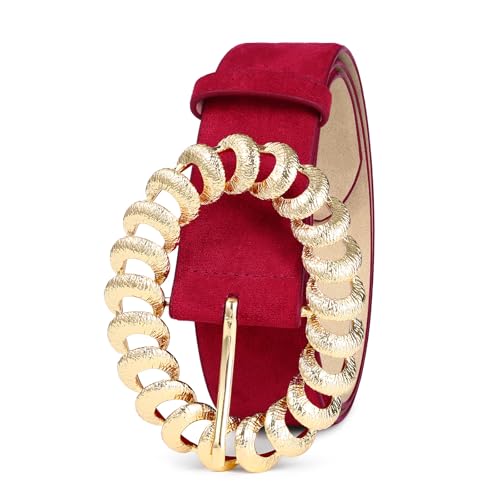 Leather Belts for Women Stylish Suede Burgundy Red Belt with Gold Buckle Elegant Dress Belt Women2