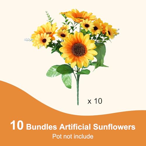 Image of Artificial Sunflowers for Outdoors, 10 Bunches Fake Sunflowers Artificial Flowers for Outdoors Decor, UV Resistant Realistic Faux Silk Flowers Bouquet for Outside Planter Porch Patio Garden Home Decor