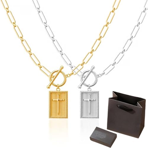 Getoverfinish Cross Pendant Paperclip Chain Necklace - Chunky Paperclip Chain, Toggle Clasp Paperclips Chain's Dainty Charm Necklace, 14K Gold & Silver Plated,Unisex,Waterproof and Sweat-Resis