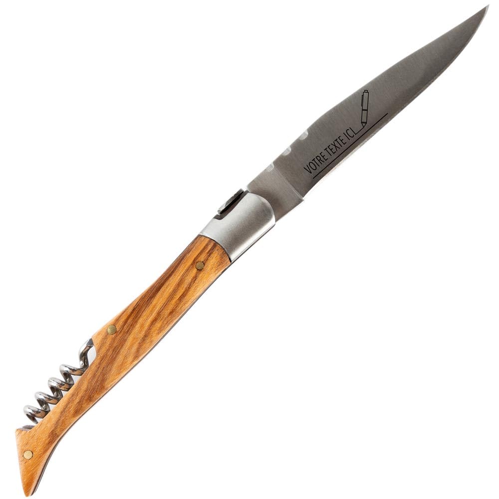 Couteau de poche personnalisé – Tire bouchon, manche en frêne et gravure sur lame – Cadeau personnalisé homme fête des pères, anniversaire ou Noel