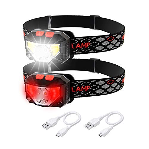 Rechargeable LED Headlamp, 2 Pack Bright Ultra-Light Head Torches, 6 Modes White & Red lamp Angle Adjustable Waterproof Motion Sensor Hand-Free Flashlight for Camping Running Hiking