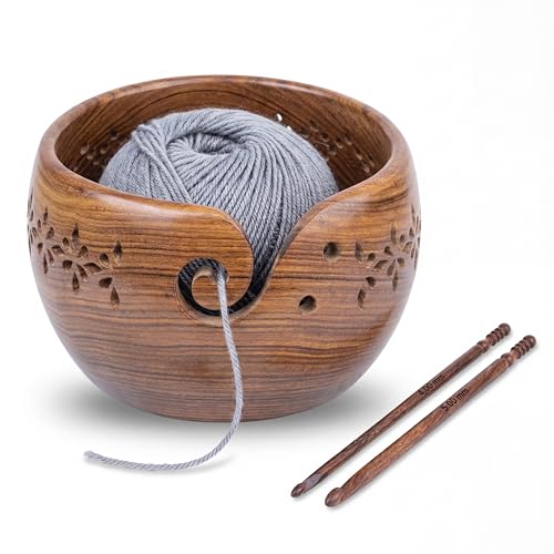 Image of Rosewood Yarn Bowl with 2 Crochet Hooks for Knitting Crochet