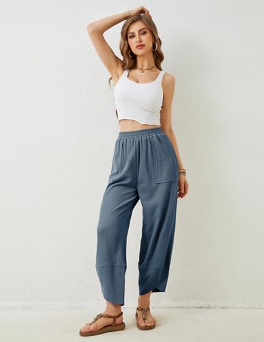 Image of Himosyber Women Cotton Pants Wide Leg Pants Casual Loose Baggy Elastic Waist Beach Palazzo Harem Pants