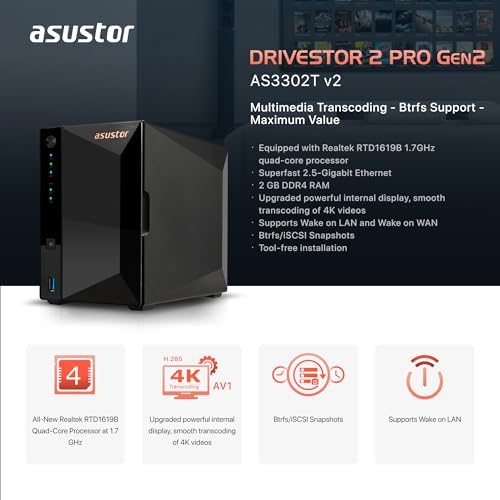 Asustor Drivestor 2 Pro Gen2 AS3302T v2, 2 Bay NAS Kasa Ağ Belleği, 1.7GHz Quad-Core, 2.5GbE Port, 2GB RAM DDR4, Bulut Bellek için Ağ Bağlantılı Depolama (Disklesiz) - Görsel 2