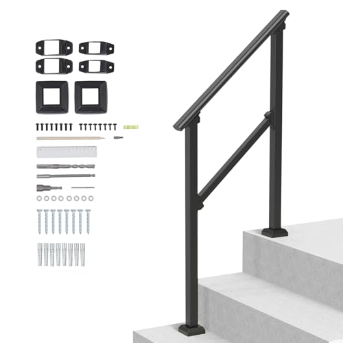 VEVOR Barandilla de Escalera para Pasamanos de Escalera de 2-3 Escalones con Kit de Instalación Tubo Cuadrado de Acero al Carbono para Personas Mayores, Escalones de Concreto, Porche, Patio, Negro