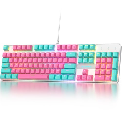 Image of Full Size Mechanical Keyboard, Creamy Keyboard with Number Pad, 104 Keys Wired Gaming Keyboard, Pink Keyboard with Red Switch, RGB Backlit for PC Laptop(Miami)
