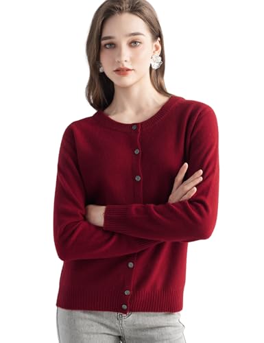 Chanyarn Womens 100% Pure Cashmere Cardigan Crew Neck Long Sleeve 2025 Fall Winter Warm Soft Knit Cardigan Sweater (Wine Red26107 M)